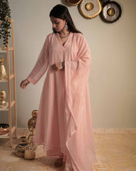 Pastel pink hand embroidered Anarkali suit set