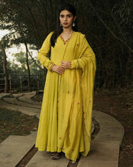 Dark yellow hand embroidered Anarkali set