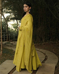 Dark yellow hand embroidered Anarkali set