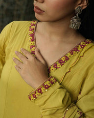 Dark yellow hand embroidered Anarkali set