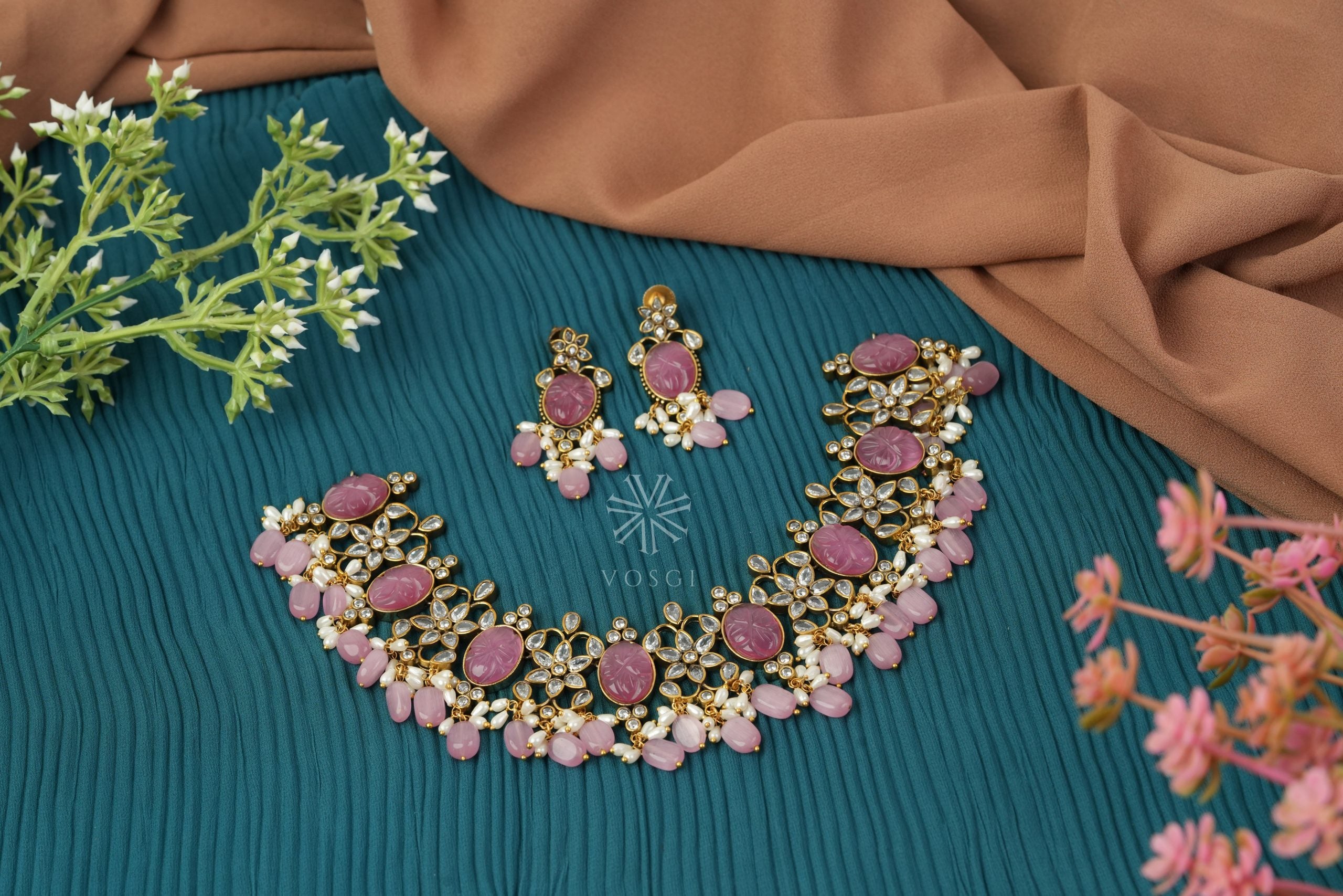 pink stoned bridal jewellery set