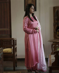 Pink Modal Satin Hand Embroidered Kurta Set