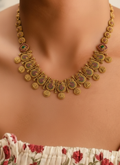 Traditional Antique Finish Temple Necklace with Coin Motifs & Intricate Craftsmanship(N-455)