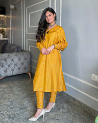 MUSTARD YELLOW LINEN EMBROIDERED KURTA SET