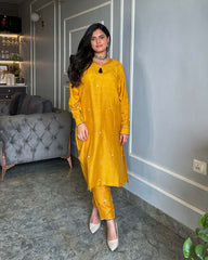 MUSTARD YELLOW LINEN EMBROIDERED KURTA SET