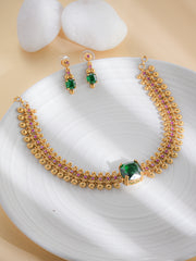 Gold-Plated Traditional Necklace & Earrings Set with Blue Topaz Gemstone | Temple-Inspired Design | Festive & Ethnic Jewellery for Women