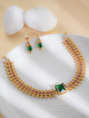 Gold-Plated Traditional Necklace & Earrings Set with Blue Topaz Gemstone | Temple-Inspired Design | Festive & Ethnic Jewellery for Women