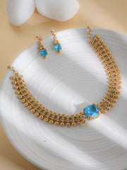 Gold-Plated Traditional Necklace & Earrings Set with Blue Topaz Gemstone | Temple-Inspired Design | Festive & Ethnic Jewellery for Women