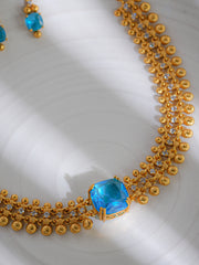 Gold-Plated Traditional Necklace & Earrings Set with Blue Topaz Gemstone | Temple-Inspired Design | Festive & Ethnic Jewellery for Women