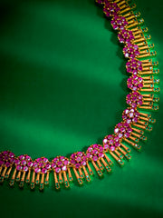Gold-Plated Floral CZ Choker Necklace with Radiant Fringe Detailing
