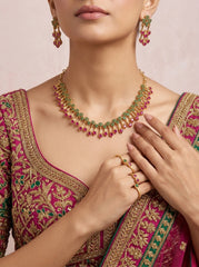 Ornate Heirloom Green & Pink Stone Necklace Set with Earrings