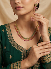 Ornate Heirloom Green & Pink Stone Necklace Set with Earrings