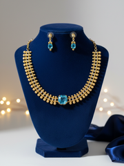 Gold-Plated Traditional Necklace & Earrings Set with Blue Topaz Gemstone | Temple-Inspired Design | Festive & Ethnic Jewellery for Women