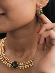 Gold-Plated Traditional Necklace & Earrings Set with Blue Topaz Gemstone | Temple-Inspired Design | Festive & Ethnic Jewellery for Women