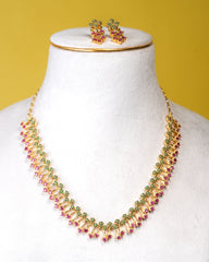 Ornate Heirloom Green & Pink Stone Necklace Set with Earrings
