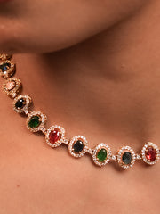 Multicolor Oval Stone Necklace Set in Rose Gold Finish