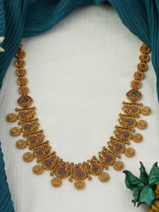 Traditional Antique Finish Temple Necklace with Coin Motifs & Intricate Craftsmanship(N-455)