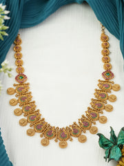 Traditional Antique Finish Temple Necklace with Coin Motifs & Intricate Craftsmanship(N-455)