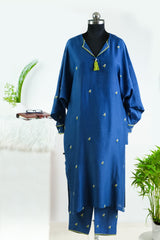 PRUSSIAN BLUE LINEN EMBROIDERED KURTA SET