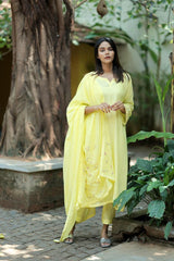 Canary Yellow Hand Embroidered Linen Kurta Set