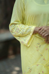 Canary Yellow Hand Embroidered Linen Kurta Set