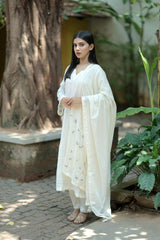 Off White Hand Embroidered Linen Kurta Set