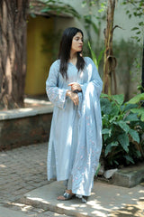 Pastel Blue Hand Embroidered Linen Kurta Set